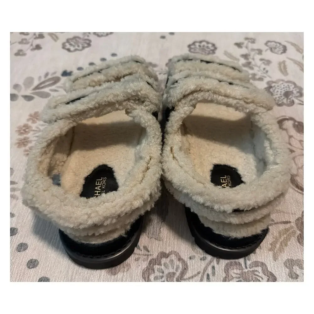 Michael Kors Holland Shearling Slides Sandals Black Cream Size 8